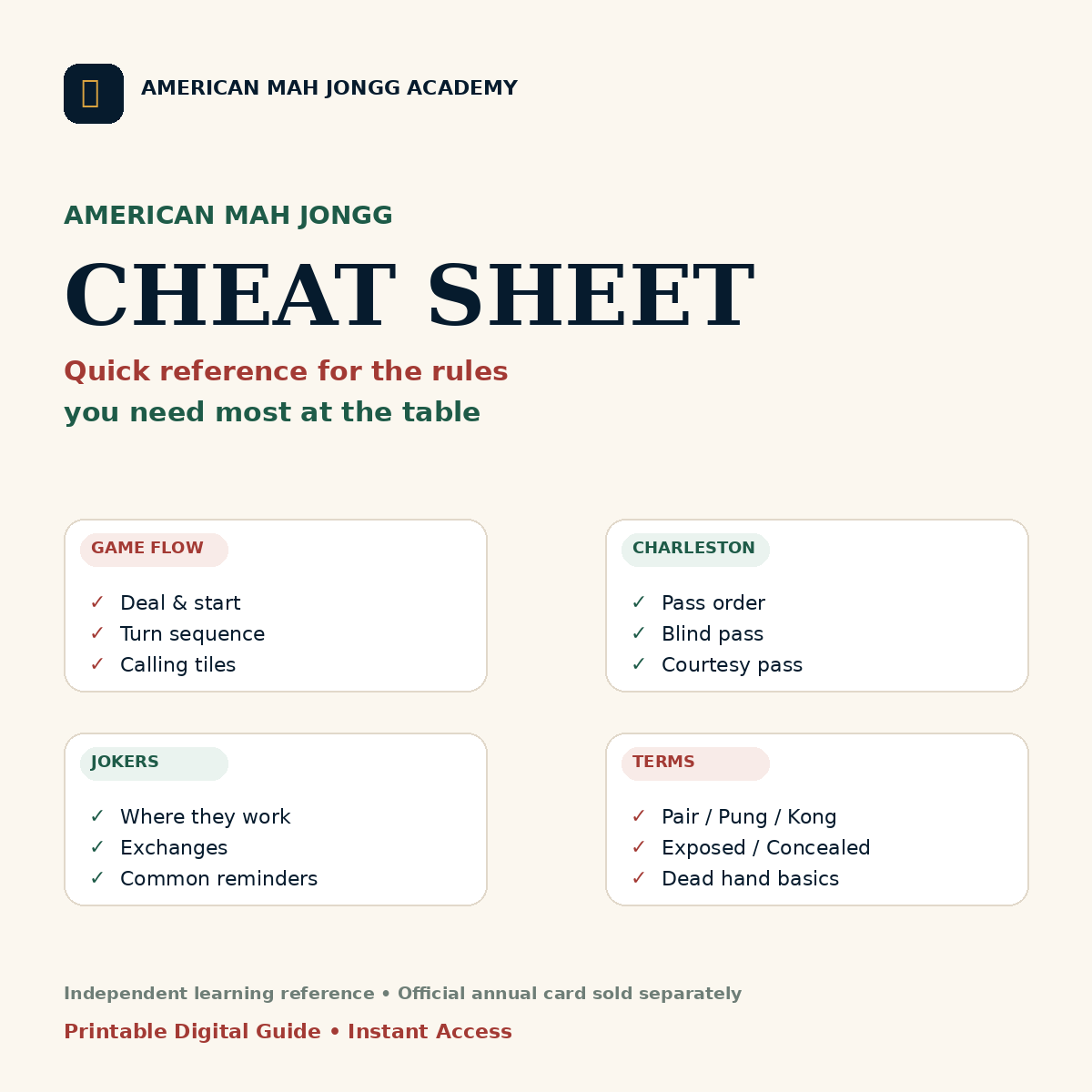 American Mah Jongg cheat sheet digital product cover